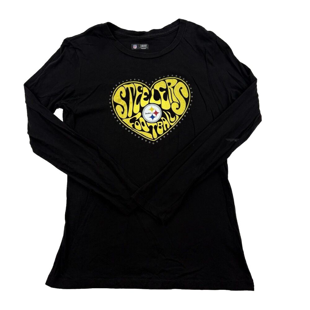Pittsburgh Steelers NFL Heart Long Sleeve Shirt Womens L Black Crew Neck
